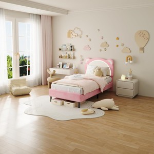 Kids Bed Frame, Upholstered Platform with Adjustable Headboard & LED, Wooden Slats, No Box Spring - 1 of 4