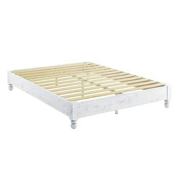MUSEHOMEINC 12 Inch Tall Full Size Easy Assembly Solid Pine Wood Rustic Platform Bed Frame with 12 Wooden Slat Supports, Pinewood, Whitewashed