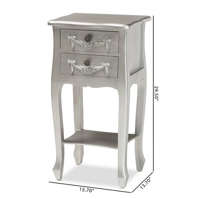 Eliya Silver Brushed Wood 2-Drawer Accent Table with Carved Details