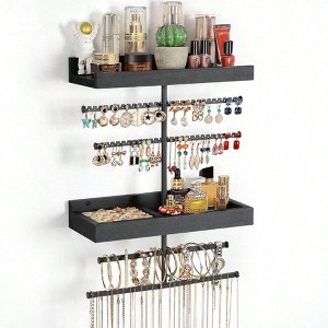 Wall Mounted Jewelry Organizer with 2 Shelves Ring Holder - Black - 1 of 4