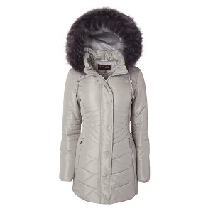 Sportoli Women Longer Length Plush Lined Quilted Winter Puffer Coat Zip-Off Faux Fur Trim Hood - 1 of 4