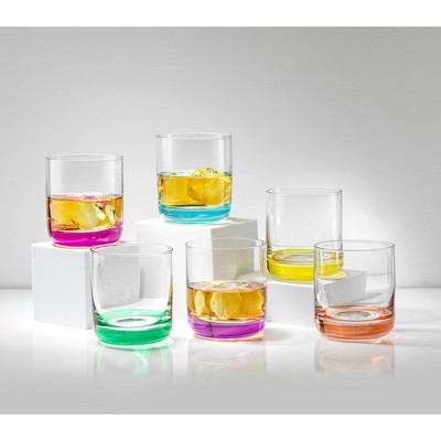 JoyJolt Hue Multi-Colored Glass Whiskey Tumblers, 10oz Set of 6