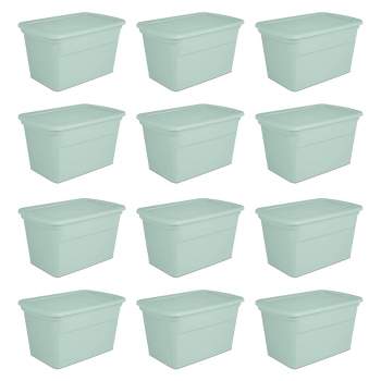 Sterilite 30 Gallon Latch Tote with In Molded Handles, Robust Latches, and Contoured End Panels for Home Storage Bins, Mindful Mint (12 Pack)
