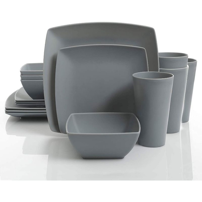 Gibson Home Soho Grayson Square Melamine Everyday 16 Piece Reactive Glaze Dinnerware Set Plates, Bowls, and Cups, Dishwasher Safe, Grey (2 Pack), 2 of 7