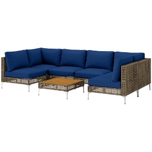 7 Piece Wicker Patio Furniture Set, Modular Outdoor Sectional with Thickened Cushions, Acacia Wood Table/Blue - 1 of 4