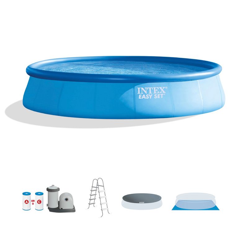 Intex Easy Set 18 Feet by 48 Inch Round Outdoor Backyard Inflatable Swimming Pool Set with Cover, Ladder, and Filter for Pools Above Ground, Blue, 1 of 7