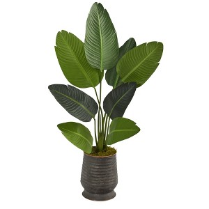 Nearly Natural 50-in Travelers Palm Artificial Tree in Ribbed Metal Planter - 1 of 3
