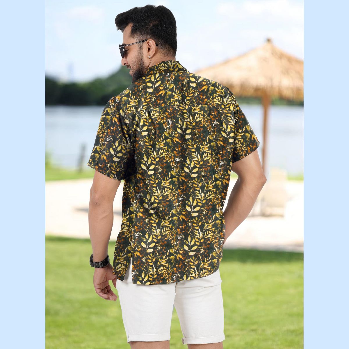 HAPPY BAY Mens Short Sleeve Button Down Hawaiian Collar Shirts Aloha Camp Beach Vacation Shirts Casual Camp Summer Untuckit Shirt XXL Blue,Tree - thumbnail 3