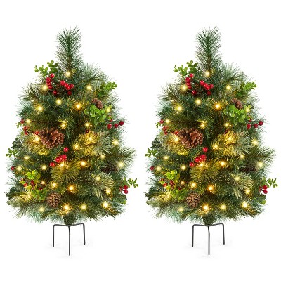 Yaheetech 2Ft/3Ft Pre-Lit Outdoor Pathway Christmas Trees, Set of 2