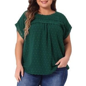 Agnes Orinda Women's Plus Size Swiss Dots Short Sleeve Lace Crochet Chiffon Pleated Casual Blouses - 1 of 4
