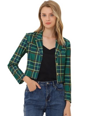 Allegra K Women's Notched Lapel Stretch Plaid Preppy Tartan Crop Blazer