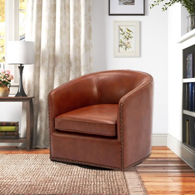 Okak Fine Modern Faux Leather 360° Swivel Chair Accent Chair with Soft Cushion Barrel Sofa Armchair with Round Base for Lounge Bedroom, Caramel