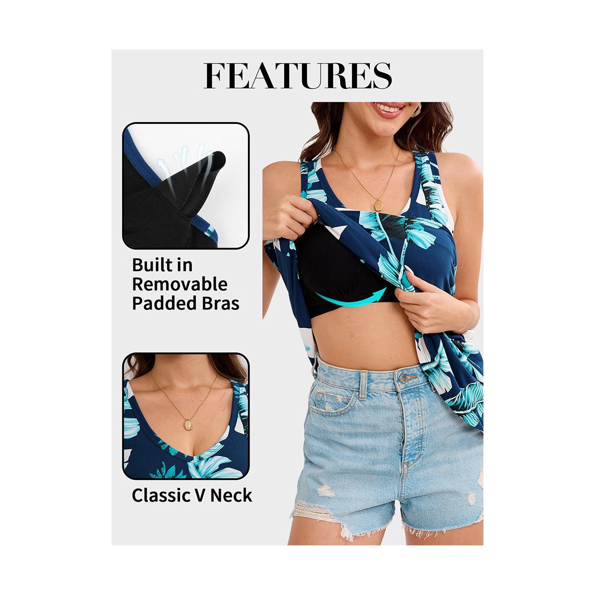 Женские платья Attraco Built in Bra Dress with Pockets for Women 2026 Summer Dresses Casual Cotton V Neck Sundress Navy Tropical Leaf S — фото 7