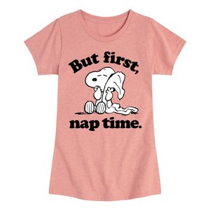 Girls' - Peanuts - Snoopy But First Nap Time Fitted Short Sleeve Graphic T-Shirt - 1 of 4