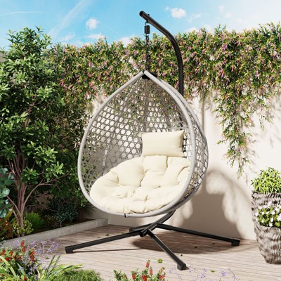 VisioGear Egg Chairs, Patio Egg Chair with Stand, Patio Hanging Egg Chair for Bedroom Living Room Balcony, Beige & Gray, 42.13"*39"*76.77"