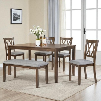 6-Piece Rectangular Wooden Dining Table Set with 4 Upholstered Chairs and Bench, Acacia Wood Frame for Kitchen or Dining Room
