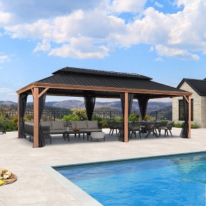 PURPLE LEAF Outdoor Hardtop Gazebo for Patio Galvanized Steel Double Roof Permanent Canopy Teak Finish Aluminum Frame Pavilion Gazebo with Netting - 1 of 4