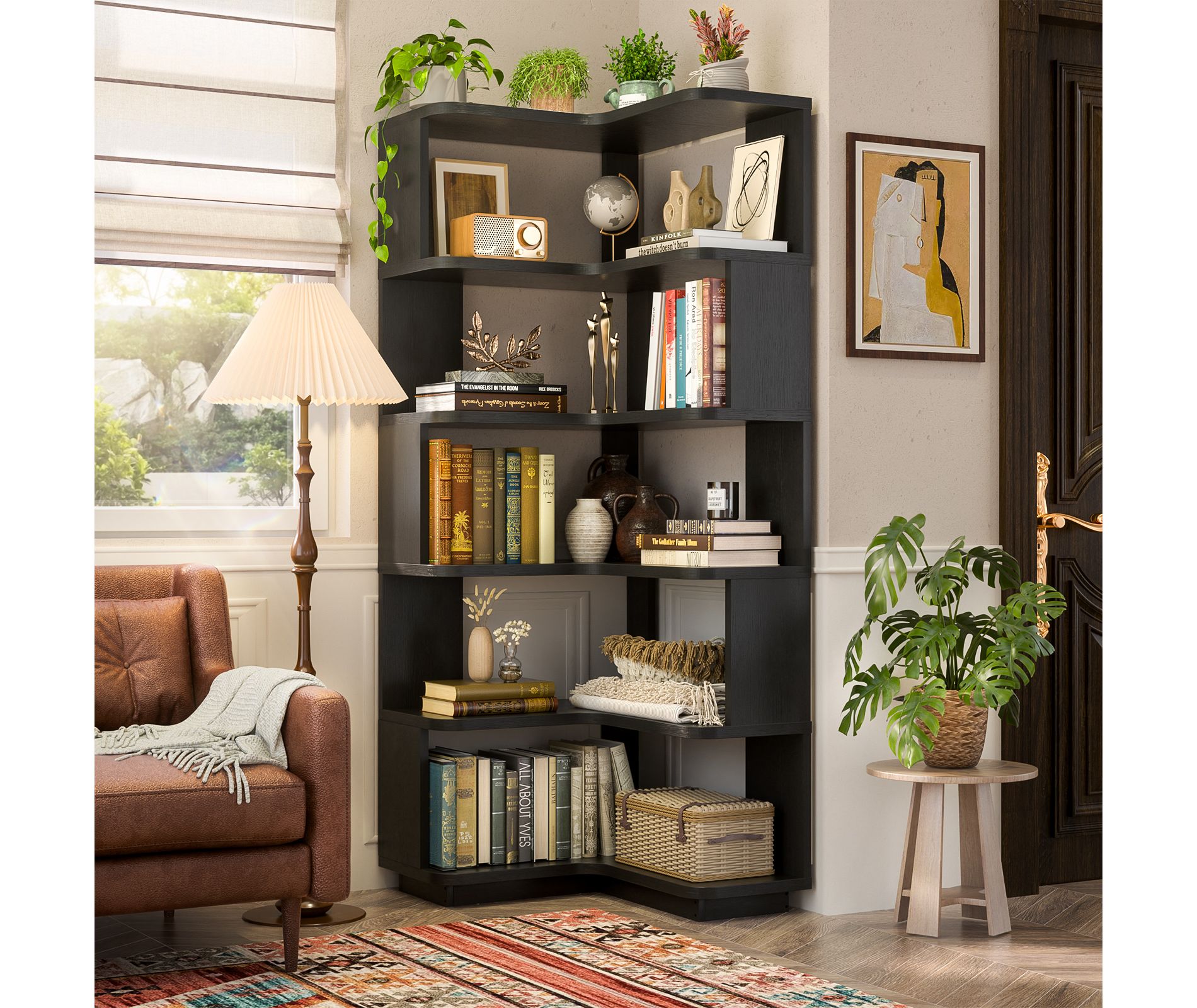 Aheaplus 5-Tier Corner Bookshelf, Freestanding Bookcase Storage Display Shelving