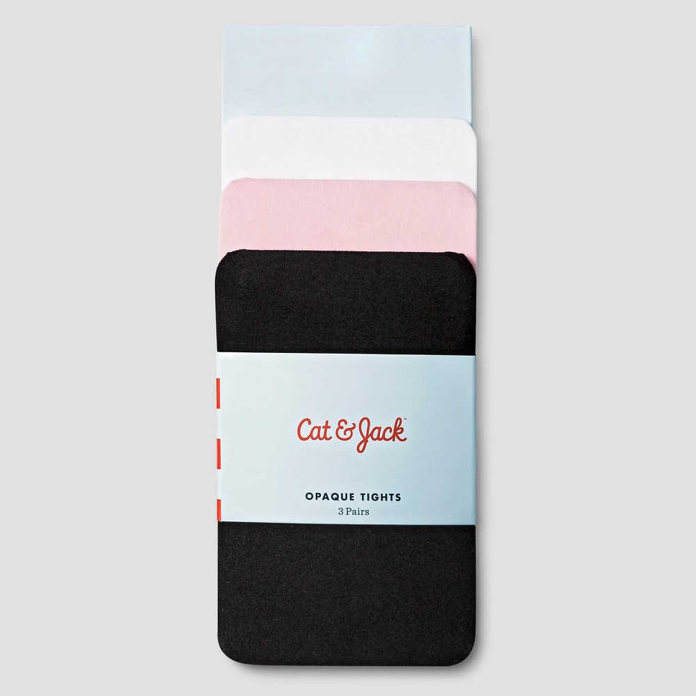 Toddler Girls' 3pk Solid Opaque Tights - Cat & Jack™ Black/White/Pink 2T-3T: High Waisted, Knit, Elastic Waistband, Machine Washable