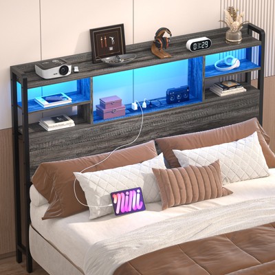 Aheaplus Headboard with Storage shelves and Charging Station, Wood Headboard with LED Light