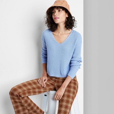 Women's V-Neck Ribbed Pullover Sweater - Wild Fable™ Azure XS