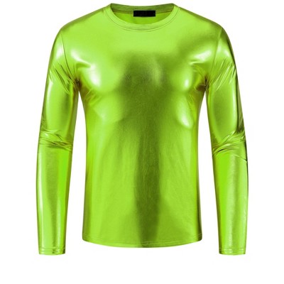 INSPIRE CHIC Men's Round Neck Long Sleeves Shining Disco Metallic T-Shirt