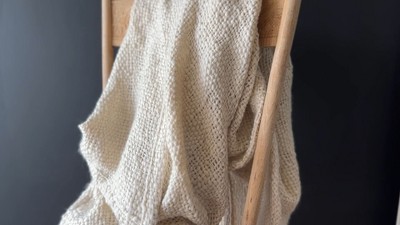Handwoven Cream Polyester Throw Blanket with Tassels