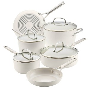 KitchenAid 10pc Hard-Anodized Ceramic Induction Cookware Set Porcelain White - 1 of 4