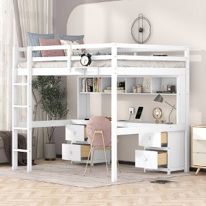 Full Size Loft Bed with Desk, Cabinets, Drawers and Bedside Tray - 1 of 4