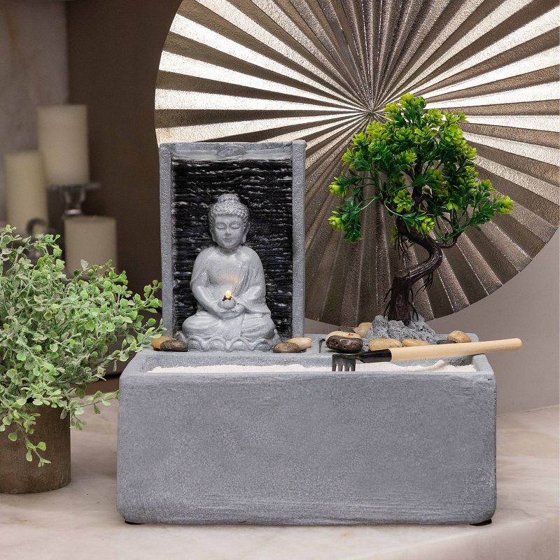 12&#34; Buddha Bonsai Garden Cement Tabletop Fountain With LED Light - Alpine Corporation, 3 of 9