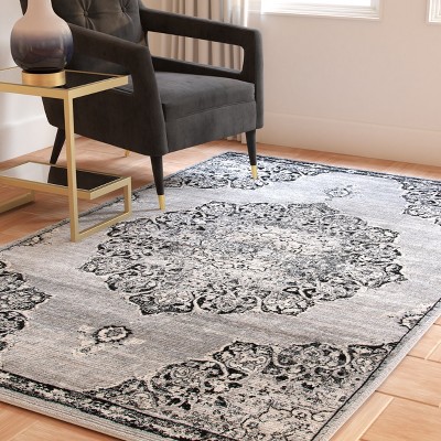 Grey and Black Synthetic Hand-knotted Rectangular Area Rug, 4' x 6'