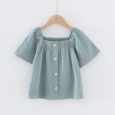 MyKids-USA Solid Color Single Breasted Design Square Collar Tops In Summer
