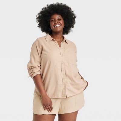 Women's Linen Long Sleeve Collared Button-down Shirt - Universal Thread™  Tan Xxl : Target