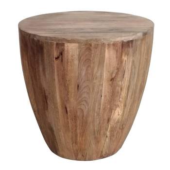 Hand Carved Cylindrical Shape Round Mango Wood Distressed Wooden Side End Table Brown - The Urban Port