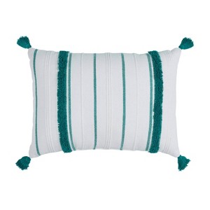 VCNY 14"x20" Oversize Boho Striped Tassel Cotton Lumbar Throw Pillow Teal: Sheltered Outdoor Use, Hidden Zipper - 1 of 4