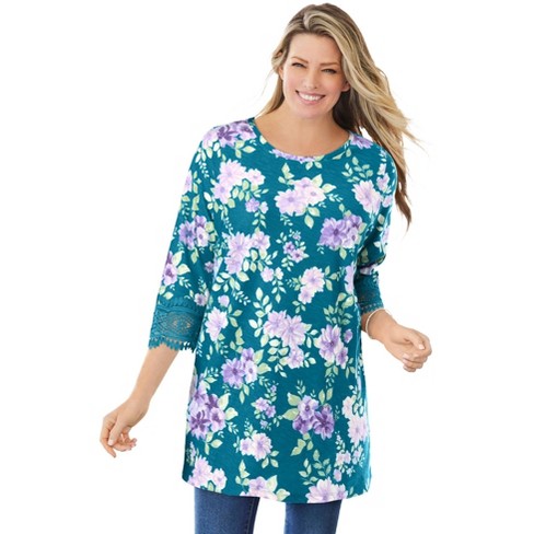 Woman Within Women's Plus Size Crochet-trim Three-quarter Sleeve Tunic ...