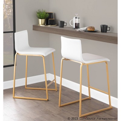 Set of 2 White Faux Leather and Gold Metal Counter Stools
