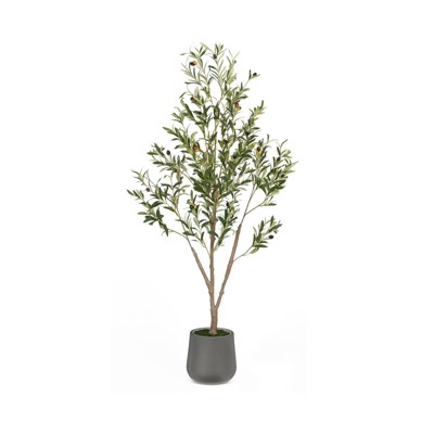 5FT Tall Faux Olive Tree with Gray Tall Planter Artificial Plants with Natural Wood Trunk and Lifelike Fruits for Home Office Decor