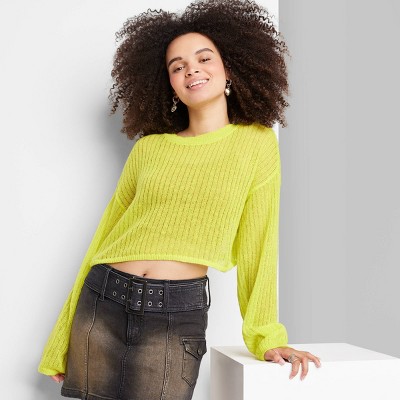 Women's Crewneck Open Knit Cropped Pullover - Wild Fable™ Lime Green XXS