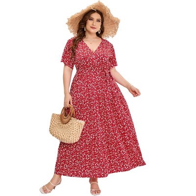 Garvee Women Plus Size V Neck Wrap Maxi Dress High Waist Ruffle Summer Casual Dress with Belt Short Sleeve