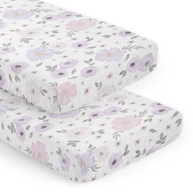 Sweet Jojo Designs Girl Fitted Crib Sheets Set Watercolor Floral Purple Pink and Grey 2pc, 1 of 8