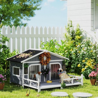 Elevated Large Wooden Dog House with Spacious Sun Deck, Gray