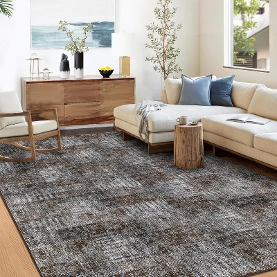 Washable Modern Abstract Plaid Rug, Low Pile Soft Non-Slip Floor Carpet for Living Room Bedroom Dining Office Nursery