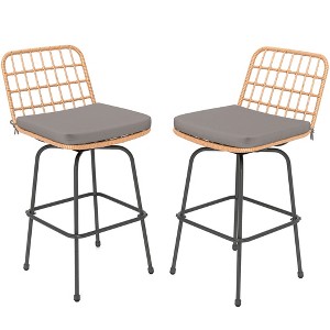 Tangkula 2 PCS Patio Bar Stools 360° Swivel PE Rattan Bar Chairs with Backrests & Footrests Outdoor Armless Barstools with Soft Seat Cushions - 1 of 4