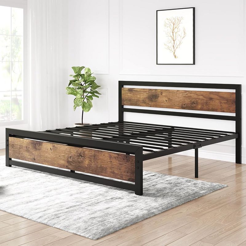 Whizmax Bed Frame with Wooden Headboard, Metal Bed Platform No Box Spring Needed with Heavy Duty Steel Slat, Brown, 3 of 8