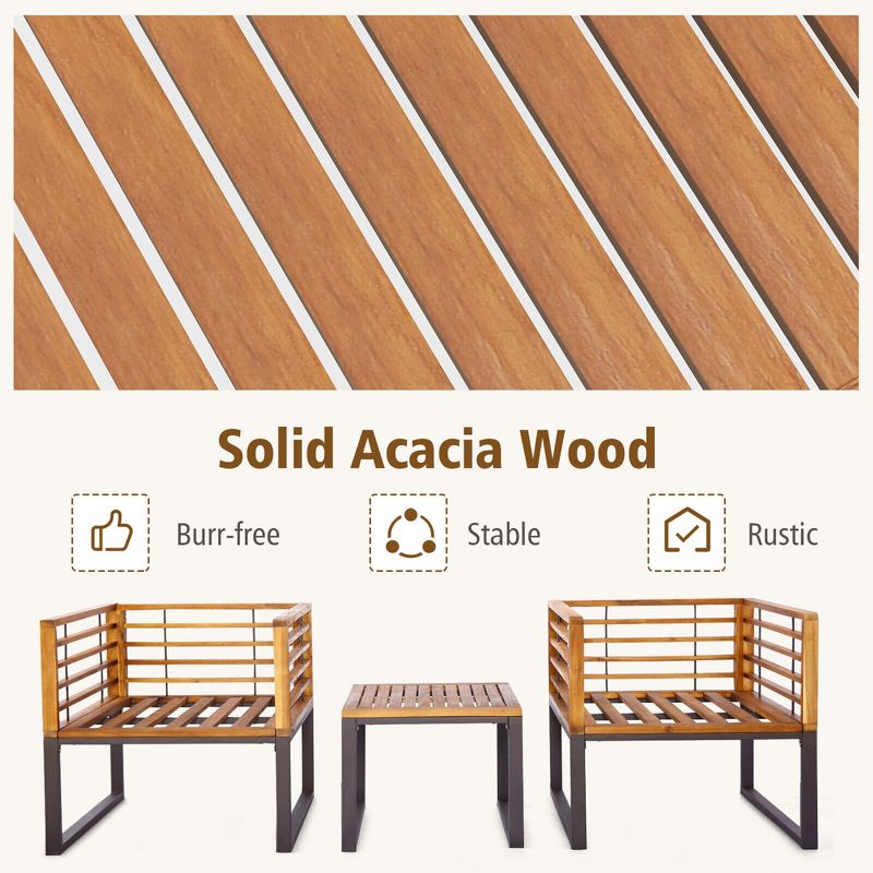 Tangkula 3PCS Acacia Wood Patio Bistro Set Outdoor Conversation Furniture Set w/ Navy Cushions, 3 of 7