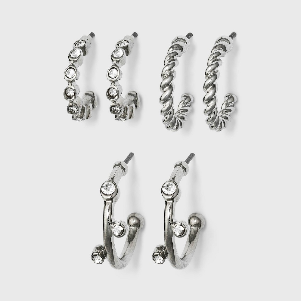 Photos - Earrings Metal Small Hoop Earring Set 3pc - A New Day™ Silver nickel