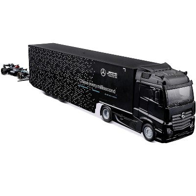 Mercedes-Benz Actros Gigaspace Car Transporter Black & Mercedes-AMG F1 #63 World Championship 1/43 Diecast Model Car by Bburago