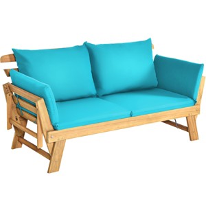 Tangkula Outdoor Folding Daybed Patio Acacia Wood Convertible Couch Sofa Bed TurquoiseRed WhiteDark Grey - 1 of 4