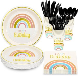 DYLIVeS Rainbow Birthday Party Supplies, Gold Foiled Pastel Rainbow Birthday Party Decorations Boho Rainbow Party Favors Disposable Tableware Set - 1 of 4
